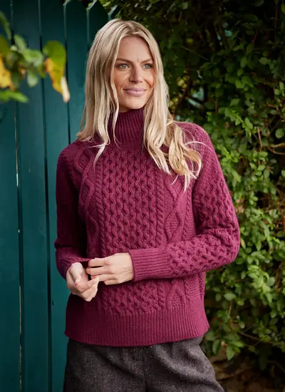 Arranmore Merino Slouchy Turtleneck Sweater in Berry Cable Honeycomb Moss 